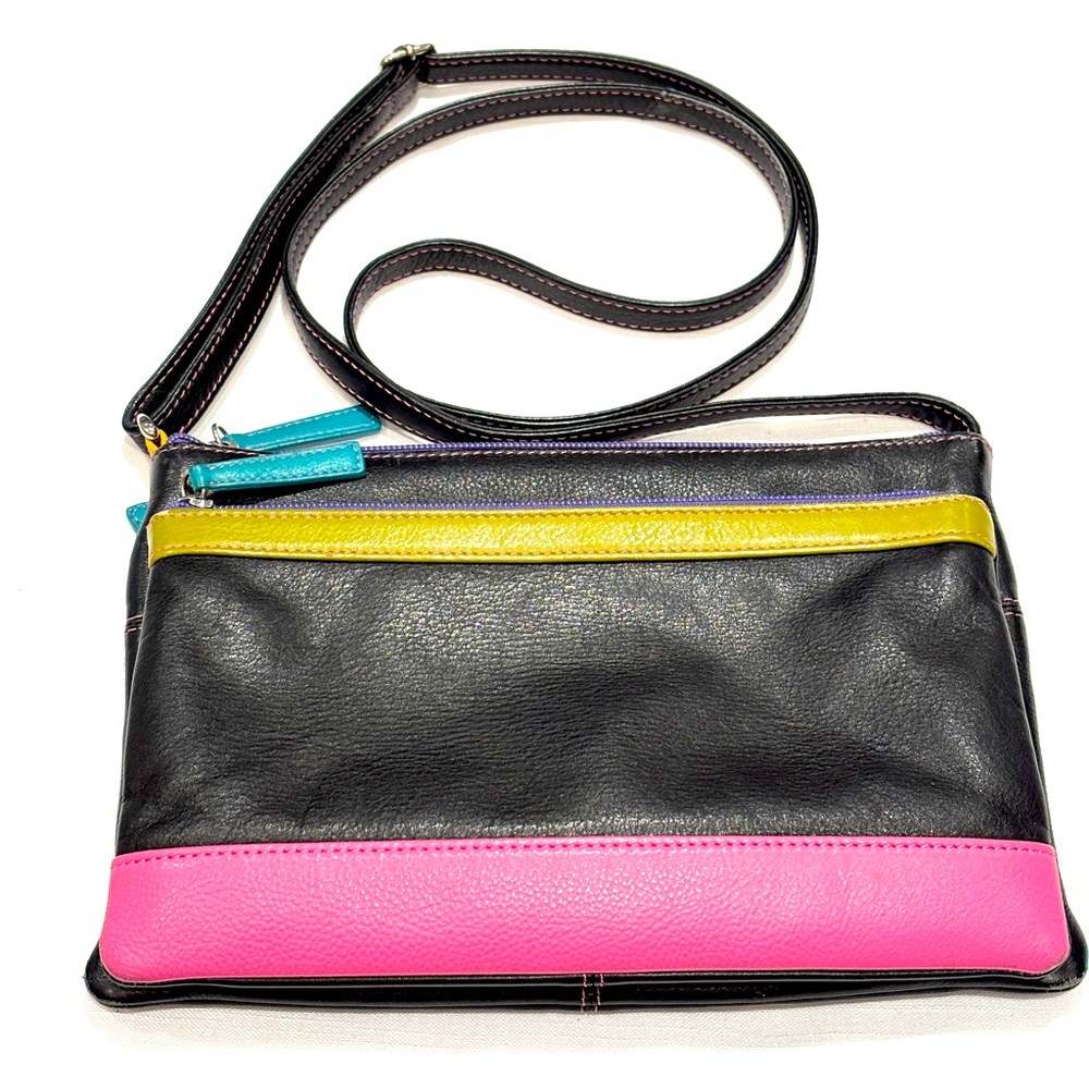ili New York Premium Leather Ladies Crossbody Shoulder Bag Color Block RFID EUC